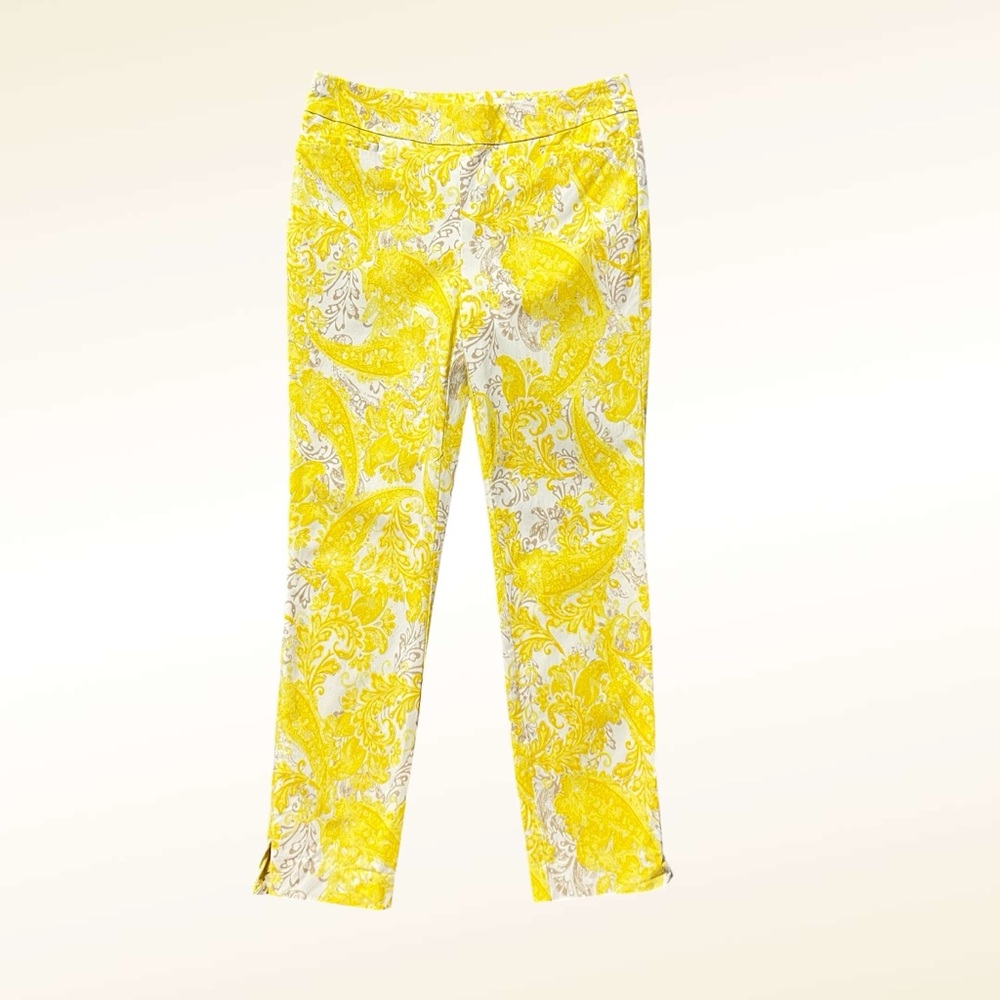 Chico's Paisley Pull On Pants Size 2 Yellow White Slim Fit Ankle Length